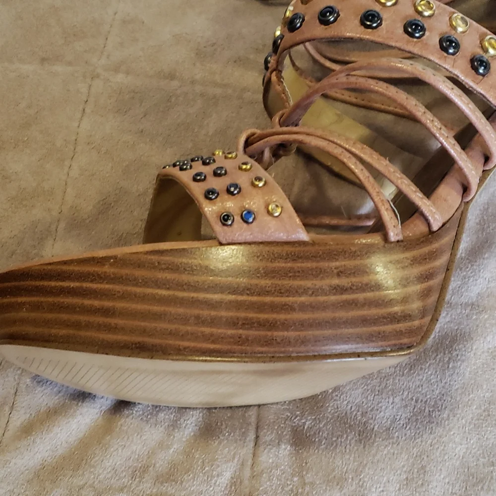 Nine West platform leather embelished heeled sandals - Picture 3 of 14